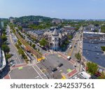 Historic commercial building aerial view including SS Pierce Building at Coolidge Corner 1366 Beacon Street at Harvard Street in city of Brookline, Massachusetts MA, USA. 