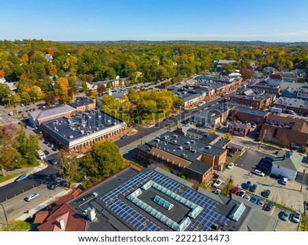 Historic commercial buildings on Massachusetts Avenue in historic town center of Lexington, Massachusetts MA, USA. 