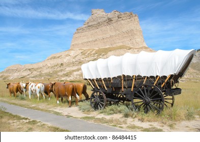 Historic Covered Wagon And Oxen Next To Scotts Bluff National Monument