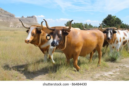 Historic Covered Wagon And Oxen Next To Scotts Bluff National Monument