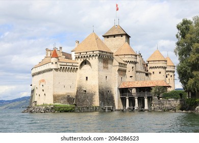 Historic Château De Chillon In The Lake Geneva, Montreux, Switzerland, 08-26-2021