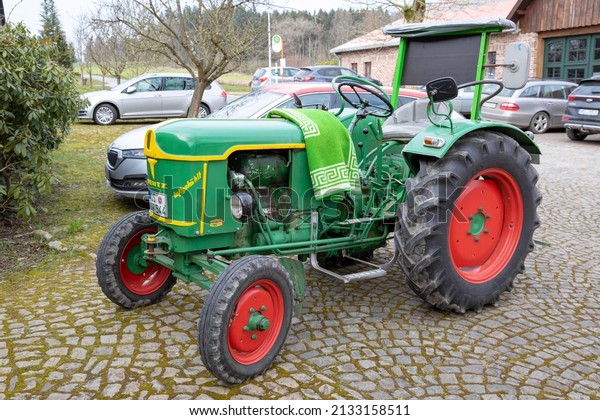 Historic Deutz tractor in a farm market in\
Münster, Westphalia, Germany,\
03-02-2022