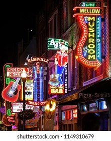 Historic Downtown Broadway Businesses And Restaurants Nightlife Neon Signs, Nashville Tennessee USA, May 17, 2018