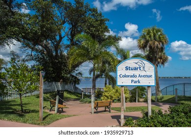 Historic Downtown Stuart, Florida, with waterfront parks, palm trees, walking paths, pier, St. Lucie River, boardwalk, healthy trail