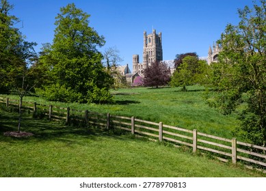 The historic Ely Cathedral viewed from Cherry Hill Park in the city of Ely in Cambridgeshire, UK.