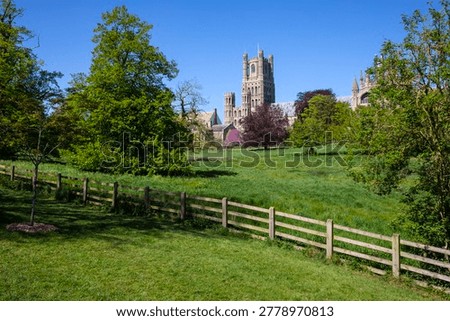 The historic Ely Cathedral viewed from Cherry Hill Park in the city of Ely in Cambridgeshire, UK.
