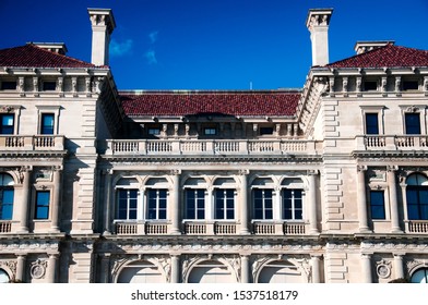 The Historic Exterior Of The Breakers In Late Autumn In Newport Rhode Island On A Sunny Day.