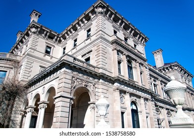 The Historic Exterior Of The Breakers In Late Autumn In Newport Rhode Island On A Sunny Day.