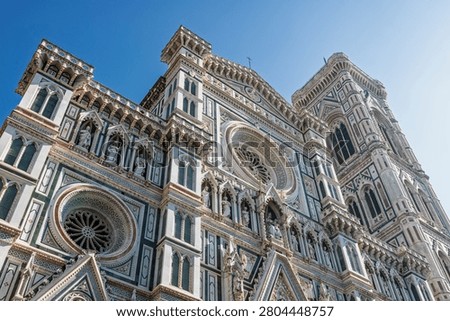 Historic facade of the cathedral complex with Duomo Campanile and Baptistery in Florence Italy