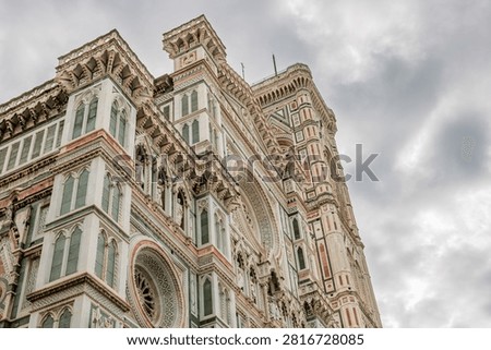 Historic facade of the cathedral complex with Duomo Campanile and Baptistery in Florence Italy