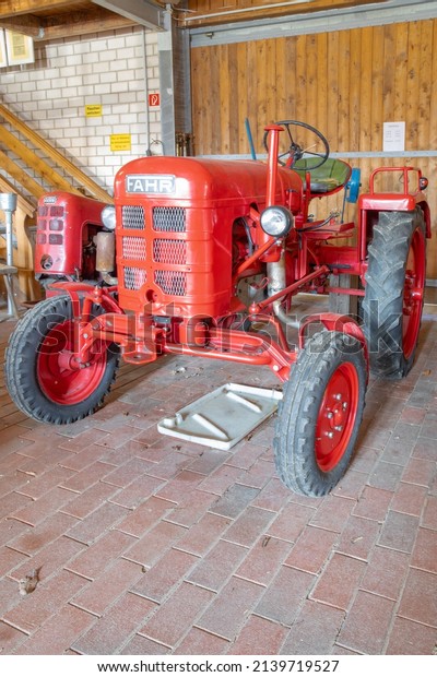 Historic Fahr tractor in a farm market in\
Münster, Westphalia, Germany,\
03-14-2022