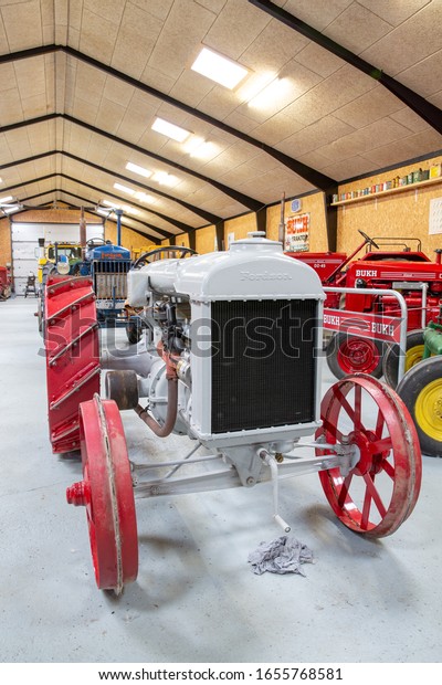 Historic Fordson tractor in\
the Danish Engine and Machine Collection in Grenaa, Denmark,\
02-17-2020