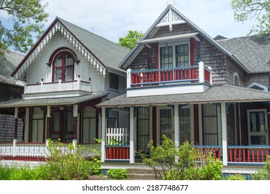 The Historic Gingerbread Houses In Oak Bluffs Massachusetts On Martha's Vineyard On A Sunny Day.