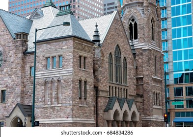 Historic Gothic Style Church In Commercial Business District Of  Denver Colorado