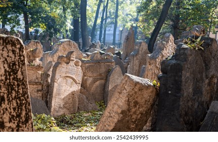 Historic gravestones in the crowded Old Jewish Cemetery in the Prague ghetto area in the Czech Republic. Space was limited and graves were layered up to ten deep. Some have sunk into the ground. - Powered by Shutterstock