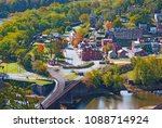 Historic Harpers Ferry town photographed a high point overlook, West Virginia, USA. Early autumn in the town where Potomac and Shenandoah rivers meet each other. 