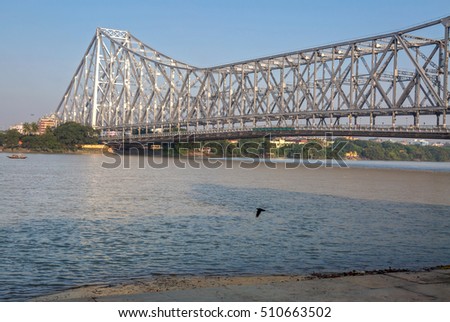 Historic Howrah bridge on river Ganges at Kolkata - the longest cantilever bridge in India.