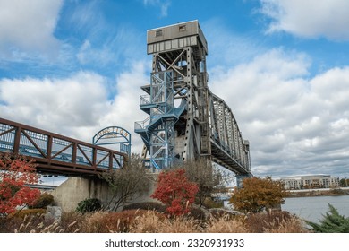 The historic Junction Bridge, the lift-span pedestrian bridge crossing the Arkansas River between downtown Little Rock and North Little Rock, Pulaski County, Arkansas, USA