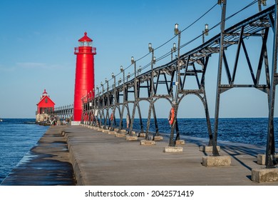 Historic lighthouses on the recently restored South Pier at Grand Haven, Michigan.