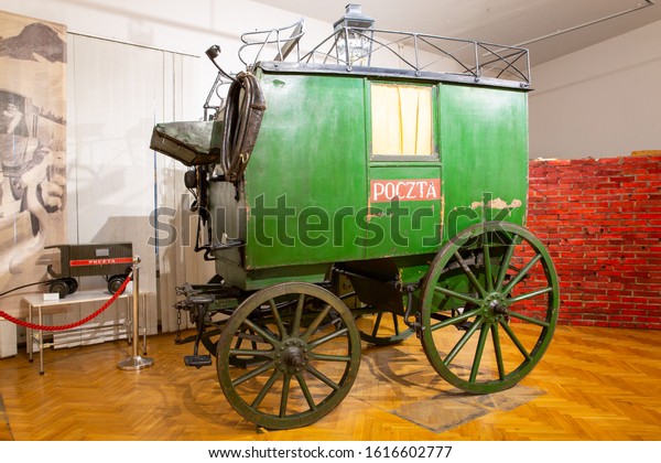 Historic mail coach in the Museum for\
Post and Communication, Wroclaw, Poland,\
12-28-2019