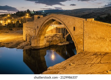 Historic Malabadi Bridge on the Batman river in Diyarbakir at twilight, Southeastern Turkey.