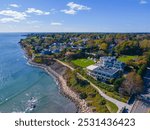 Historic Mansions aerial view on Cliff Walk near Easton Beach in fall in city of Newport, Rhode Island RI, USA. 