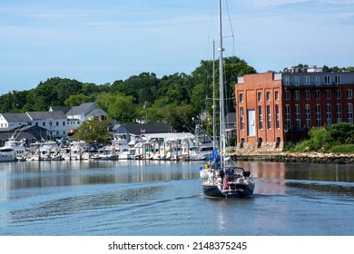 Historic Mystic Seaport In Connecticut. View Of Mystic Rivet, Connecticut. Summer 2021. High Quality Photo