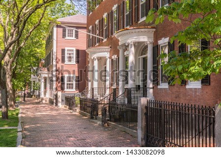 Historic New England houses along street in Salem, Massachusetts
