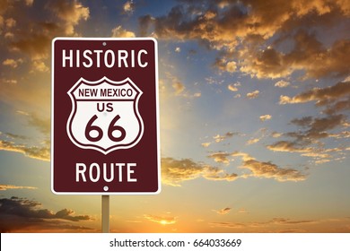 Historic New Mexico Route 66 Brown Sign with Sunset