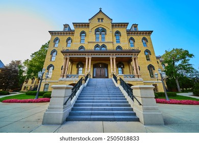 Historic Notre Dame University Building with Grand Staircase at Golden Hour - Powered by Shutterstock