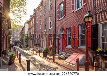 The historic Old City in Philadelphia, Pennsylvania. Elfreth's Alley, referred to as the nation's oldest residential street, dating to 1702.