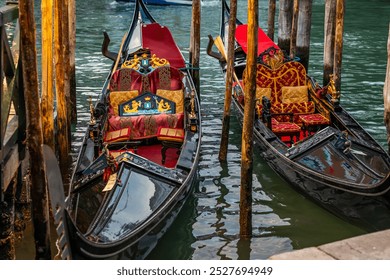Historic Old Gondolas on a Canal in Venice, Italy