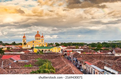 Historic Our Lady of the Assumption Cathedral in evening light in Granada, Nicaragua