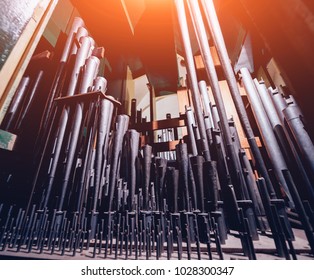 Historic Pipe Organ At A Church. Internal System.