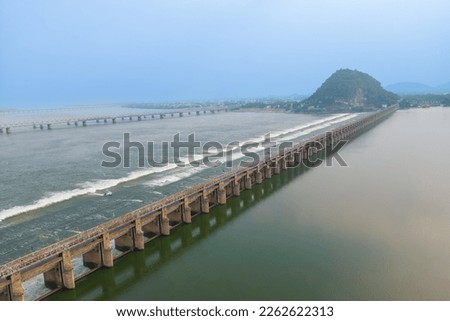 Historic Prakasam barrage over rive r Krishna in Andhra Pradesh state, India