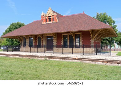 Historic Railroad Depot Building Of High Victorian Gothic Architecture Style In Whitewater Wisconsin