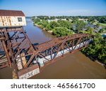 Historic railroad Katy Bridge  over Missouri River at Boonville with a new viewing deck - aerial view