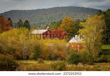 Historic red barn and farm buildings nestled in the trees in autumn near Aurora in West Virginia in the fall