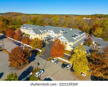 Historic Residential House Aerial View In Fall At Concord Park In West Concord, Town Of Concord, Massachusetts MA, USA. 