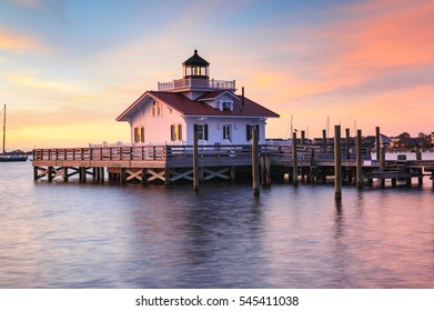 The Historic Roanoke Marshes Lighthouse At Sunrise On Shallowbag Bay On The Roanoke Sound In Manteo, North Carolina, Outer Banks.