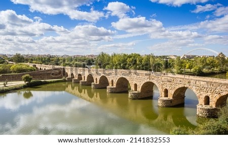 Historic roman bridge (Puente Romana) over the Guadiana river in Merida, Spain