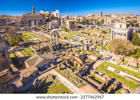 Historic Rome ruins on Forum Romanum view from above, eternal city of Rome, capital of Italy