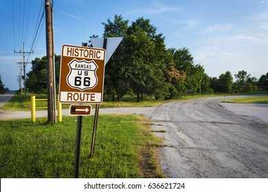 Historic Route 66 Road Sign In A Stretch Of The Original Road In The State Of Kansas, USA; Concept For Travel In The USA And Road Trip