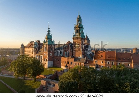 Historic royal Wawel cathedral and castle and in Cracow, Poland.  Aerial view in sunrise light early in the morning in summer