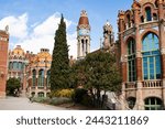 Historic Sant Pau Recinte Modernista Hospital at Barcelona. Beautiful Art Nouveau Site of architect Lluís Domènech i Montaner. Tourist attractions of Barcelona. Historic hospital.