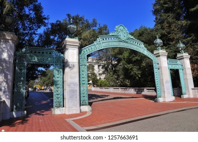 Historic Sather Gate on the campus of University of California at Berkeley is a prominent landmark leading to Sproul Plaza.