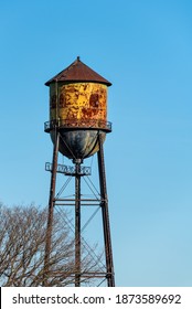 Historic Semiahmoo Water Tower, Classic Rusted Round Water Tank On A Sunny Blue Day
