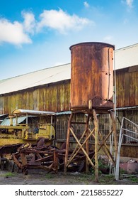 Historic Semiahmoo Water Tower, Classic Rusted Round Water Tank On A Sunny Blue Day