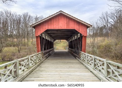 The historic Shaeffer Campbell Covered Bridge cross College Pond on a campus in St. Clairsville, Ohio.