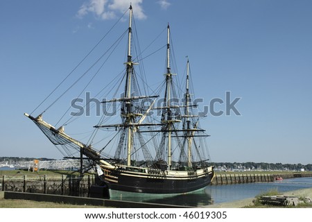 Historic ship named Three-masted Friendship anchored  in Salem harbor, Mass